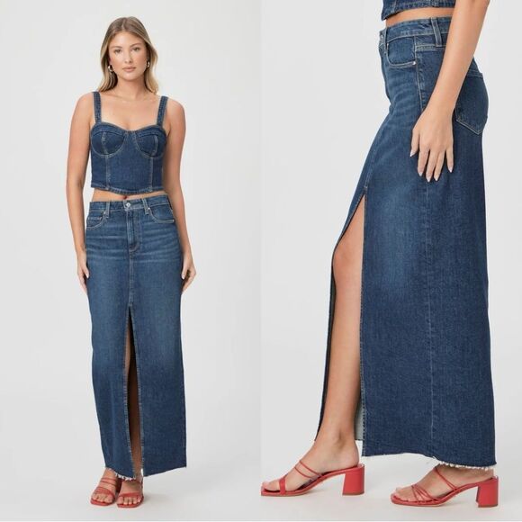 PAIGE Angela Maxi Raw Hem Denim Skirt in ‘Sketchbook’ dark wash - Picture 1 of 10